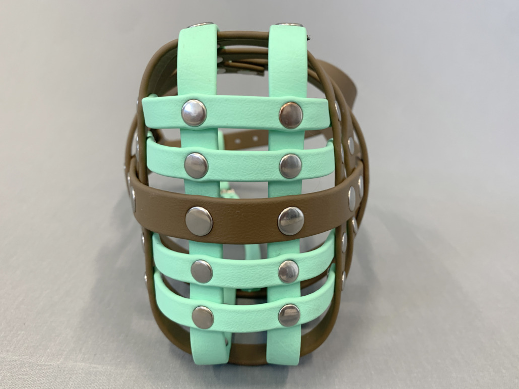 Maßgefertigter Maulkorb, braun/türkis, aus BioThane